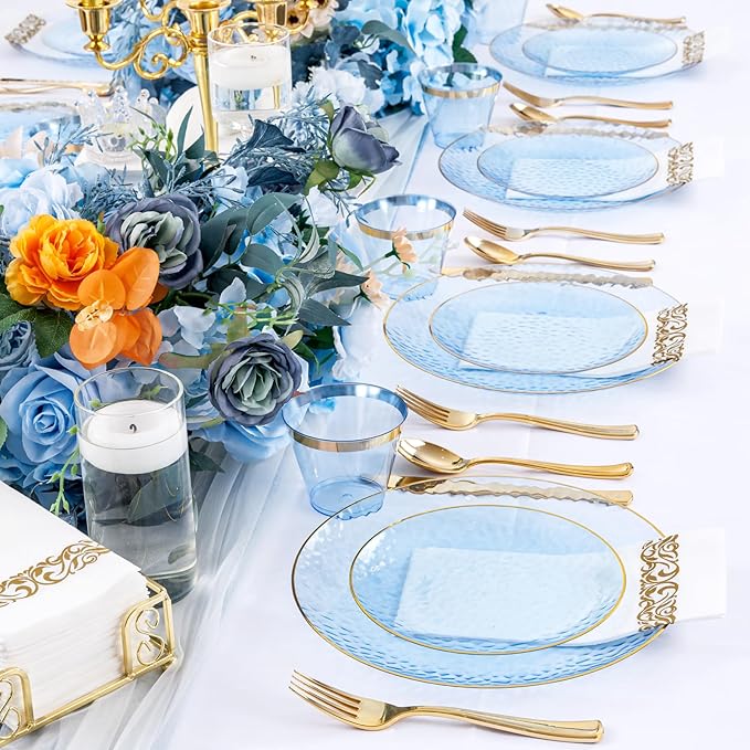 Rubtlamp 350 Pcs Clear Blue Plastic Plates, Blue Gold Plastic Dinnerware Set (50 Guests), Blue Disposable Plates With Gold Rim, Hammered Party Plates Set for Christmas Wedding And Party