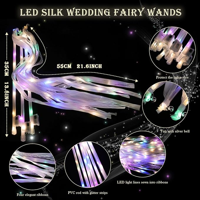 58 Pieces Light up Wedding Wands with Ribbons & Bells –LED Silk Wedd Fairy Wands Streamers with Warm White & Colorful Lights for Wedding Send Off Ideas, Parties, and Celebrations