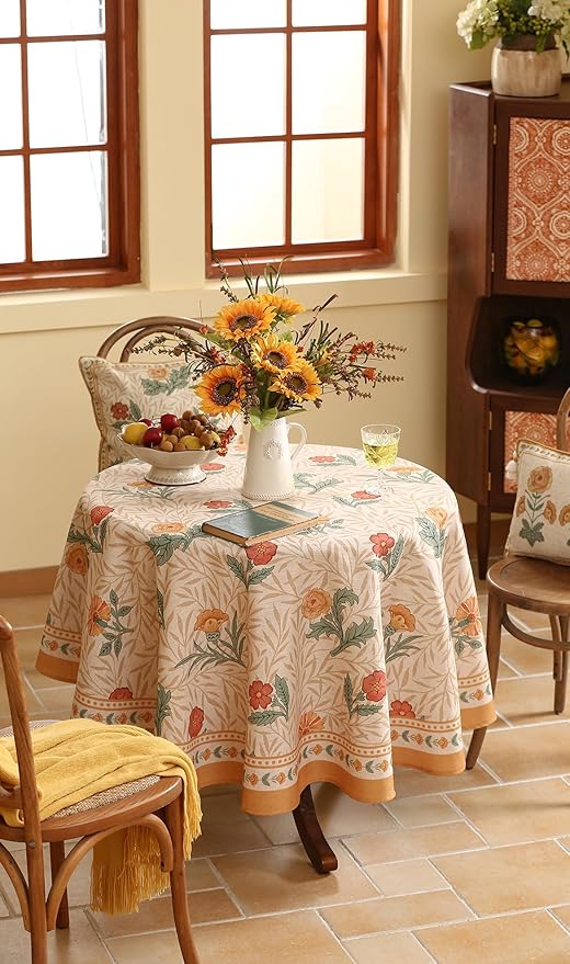 patdrea Designer French Linen Table Cloth for Round Table,Yellow Floral Pattern Durable Breathable Tablecloth,Fall Dacor for Kitchen Dining,Holiday Christmas,Thanksgiving,Diameter 67"-Cornflowers