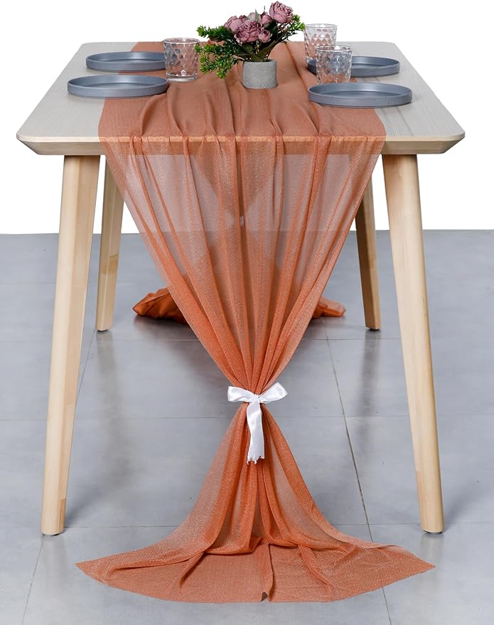 MDS 10 Pack 10ft Chiffon Table Runner 29 x 120 Inches Sheer Wedding Runner Romantic Rustic Table Runner for Wedding Decorations, Birthday Parties, Bridal Shower Party Arch Decor - Coral Peach