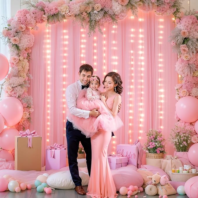 Sheer Backdrop Curtains with Lights String for Weddings Baby Showers, 10x10ft Sheer Tulle Photo Backdrop Curtains for Birthday Party Photography Background Decoration, Pink