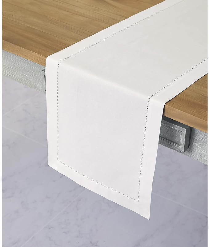 Solino Home White Table Runner 108 Inches Long - Cotton Linen Hemstitch 14 x 108 Inch Table Runner for Dining, Fall, Autumn, Halloween, Thanksgiving, Holiday