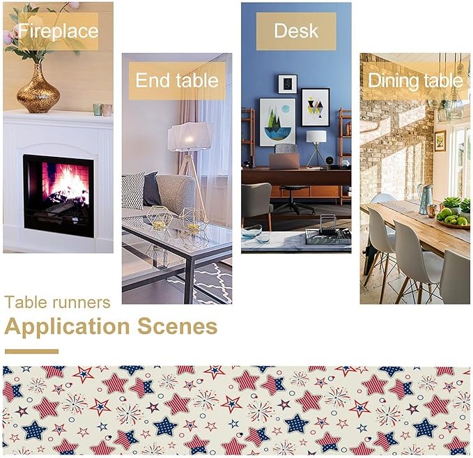 4th of July Table Runner, American Patriotic Independence Day Red Blue White Stars Stripes Fireworks Print Table Runner for Home Party Decor Kitchen Dining Table, 13x36inch
