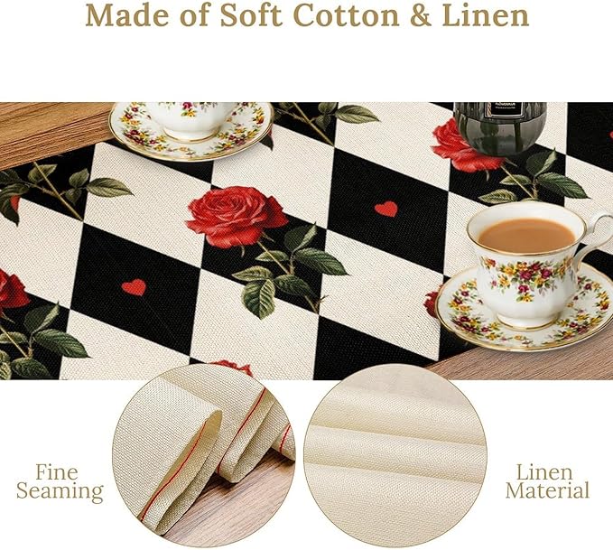 Vintage Rose Table Runner, Red Rose Hearts Black White Checkered Background Table Runner for Kitchen Dinning Table Runner Decor Home Wedding Party Holiday, 13x36 Inch
