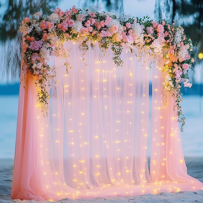 Tulle Backdrop Curtain with Lights String 10FT X 10FT Peach Sheer Tulle Backdrop Curtains for Wedding Birthday Party Reception Photo Booth Background Decorations (2 Panels 5x10FT)