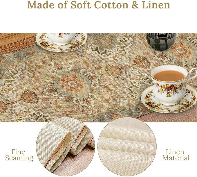 Vintage Boho Floral Table Runner, Rustic Country Farmhouse Yellow Blue Retro Flower Pattern for Home Kitchen Table Decor Dining Coffee Room Party Decor 13x120in