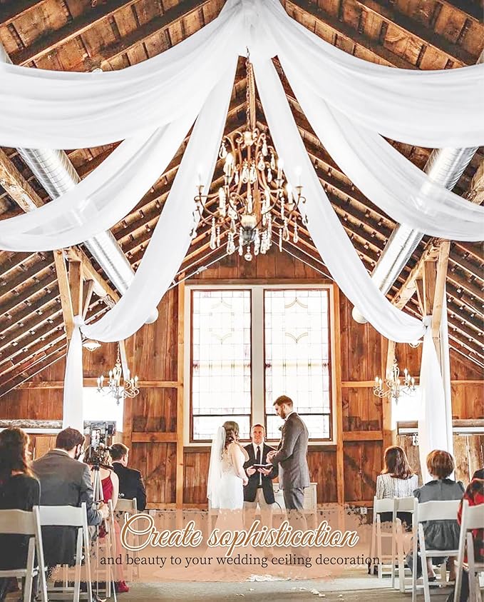 6 Panels White Wedding Ceiling Drapes 5ftx30ft Ceiling Drapes Chiffon Fabric Arch Draping Sheer Curtains Soft Drapery Draping Wedding Ceiling Decorations for Party Ceremony Stage Swag