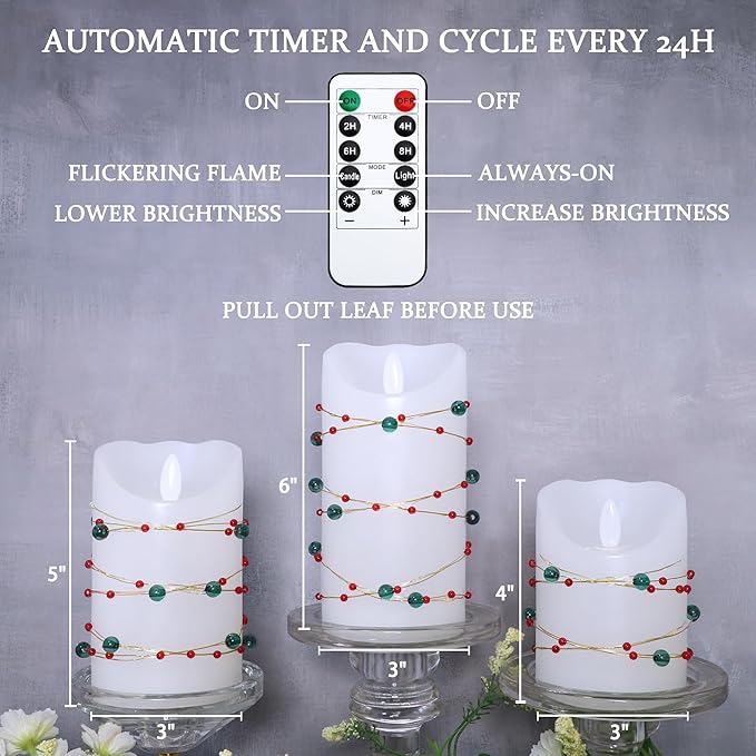 Christmas Flameless Candles with Red Green Beads String Lights - Real Wax Christmas Decor Battery Operated Candles with Remote & Timer- Home Party Bedroom Holiday Xmas Decorations - Set of 3