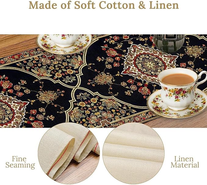 Vintage Boho Floral Table Runner, Rustic Country Farmhouse Black Bohemia Flower Pattern for Home Kitchen Table Decor Dining Cafe Room Wedding Party Decor 13x60in