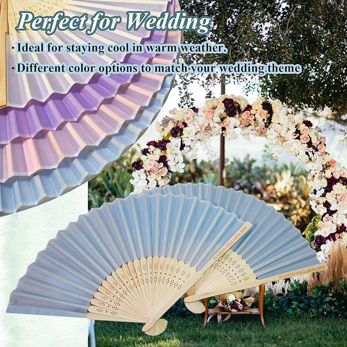 Personalized Engraved Silk Fans Folding Hand Fans 15 Pcs, Light Blue Summer Wedding Fans, Custom Imitated Silk-Bamboo Fans for Guests Wedding Party Favor Bridal Shower Gifts Party Decoration