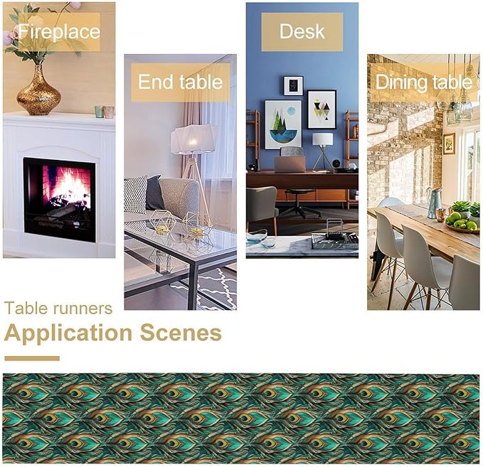 Peacock Feather Table Runner,Retro Aesthetic Green Table Runner for Home Kitchen Dining Party Indoor Outdoor Decoration 13x120 Inch