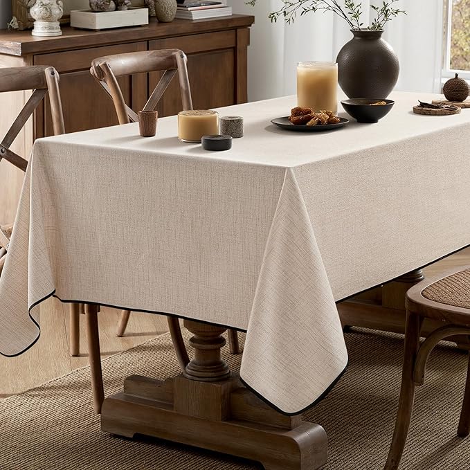 MIULEE Ivory-Black Linen Tablecloth 60x84 Inch Rectangle Table Cloth Waterproof,Stain Resistant & Wrinkle Resistant for Dining Party Wedding