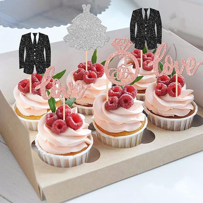 24 PCS Groom and Bride Cupcake Toppers Glitter Ring Love I Do Cupcake Picks Marriage Bridal Shower Cake Decorations for Wedding Engagement Bridal Shower Theme Party Supplies Rose Gold