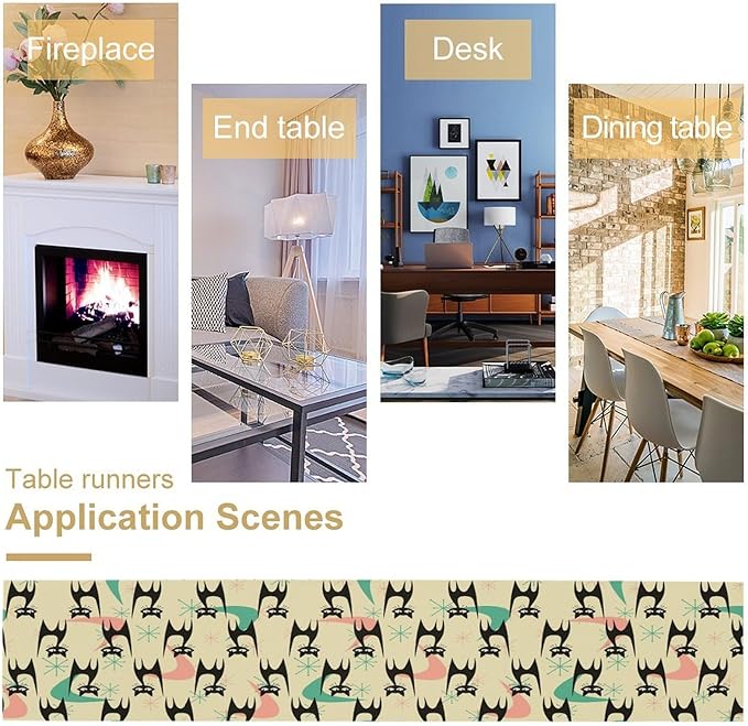 Mid Century Table Runner,Cat Geometric Stripe Colorful Abstract Pattern Print Tablecloth Burlap for Hotel Indoors Outdoor Dining Room Kitchen Holiday Party, 13x80in
