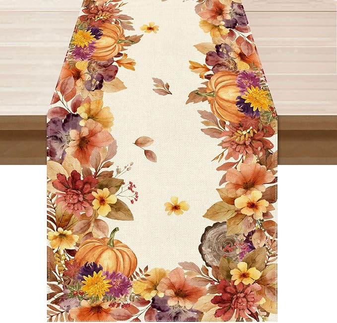 XCHI Fall Color Wild Flowers Watercolor Table Runner Table Decoration for Kitchen Dining Dinner Autumn Home Decor 13x108 Inch