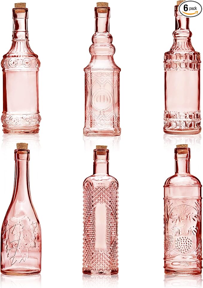 Assorted Reddish Glass Bottles with Corks, 6 Pack, 2.5in X 9in, 16oz