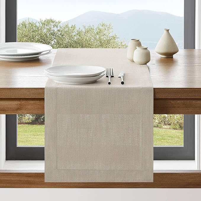 ZeeMart Linen Textured Border Table Runner, 14 x 90 Inch Natural, Farmhouse Style Neutral Table Runners 90 Inches Long, Easy Care Everyday Polyester Table Runner