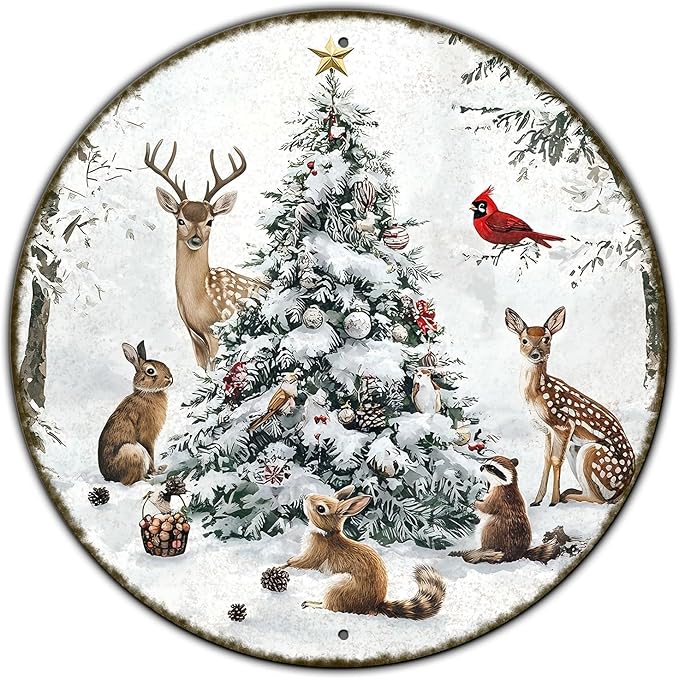 Round Christmas Snow Animals Metal Tin Sign - Vintage Christmas Tree & Winter Sign for Home & Outdoor Decorations - 12 * 12 in