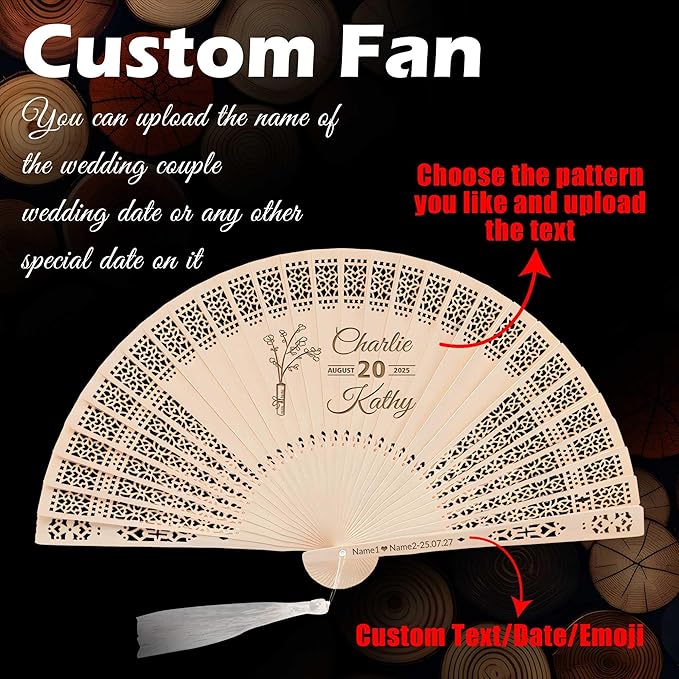 50 PCS Custom Fans Personalized Folding Fans for Line Dancing Wooden Hand Fan Wedding Favors Bulk Fans for Guests Party Event Use (Style12)