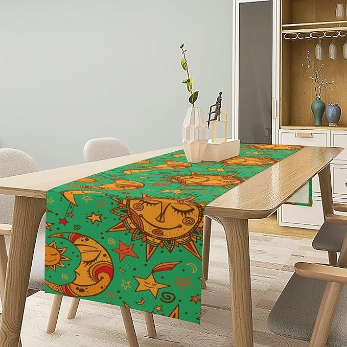 Boho Moon Table Runner, Phase of The Moon Star Sun Cartoon Pattern Table Runner for Kitchen Living Room Home Party 13x120 Inch