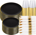 KIRE 350 PCS Plastic Dinnerware Set for 50 Guests - Black and Gold Plates 50 for Dinner 50 for Dessert & 50 Pre Rolled Napkins with Disposable Silverware 50 Cups for Halloween Party/Banquet/Wedding
