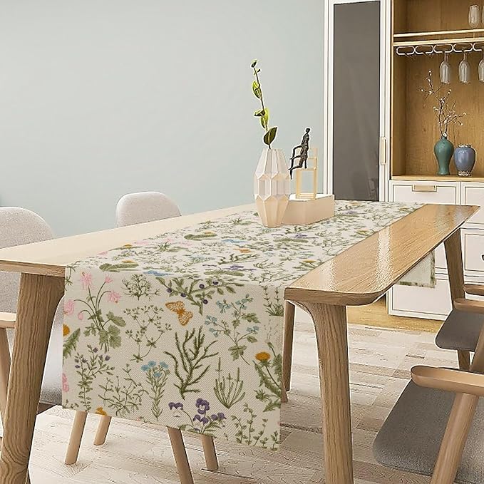 Wildflowers Floral Table Runner, Retro Flower Butterfly Seasonal Spring Summer Kitchen Dinning Table Runner for Indoor Outdoor Home Wedding Party Holiday, 13x60 Inch