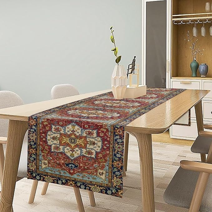 Vintage Boho Floral Table Runner, Rustic Country Farmhouse Red Blue Gold Retro Flower Pattern for Home Kitchen Table Decor Dining Coffee Room Party Decor 13x90in