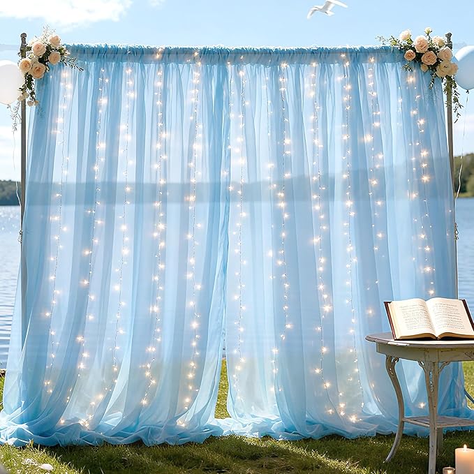 10×8ft Tulle Backdrop Curtains with Lights String - 300LED Fairy Lights Sheer Curtain Backdrop for Weddings Baby Shower and Birthday Party Decorations(8 Panels 5×8ft)