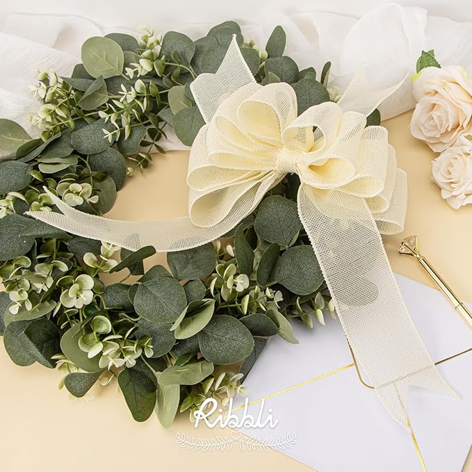 Ribbli Cream Burlap Wired Ribbon,1-1/2 Inch x 10 Yard, Ivory Wired Burlap Ribbon for Big Bow,Wreath,Tree Decoration,Outdoor Decoration