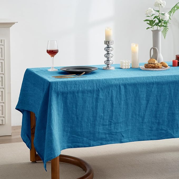 EVERLY 100% Pure Linen Rectangle Tablecloths 60x84Inches for Dining,Buffet Parties,Picnic,Events,Weddings and Restaurants,Decorative Halloween,Thanksgiving Machine Washable Tablecloths-Blue