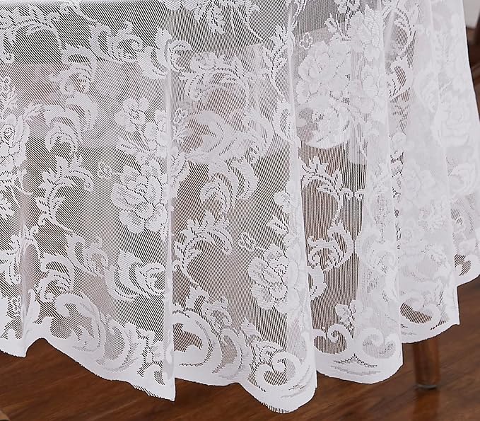 LinenZone White Round Tablecloth for Rustic Vintage Decor. Sheer Lace Works Great As Wedding, Thanksgiving or Christmas Tablecloth (Mia 48 Round, White)