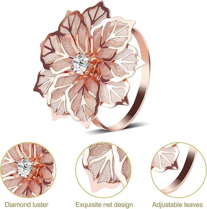 KPOSIYA Flower Napkin Rings Holder Metal Rose Gold Napkin Rings Set of 6 for Wedding Party Holiday Banquet Christmas Dinner Delicate Serviette Buckles Decor Favor (6, Rose Gold)