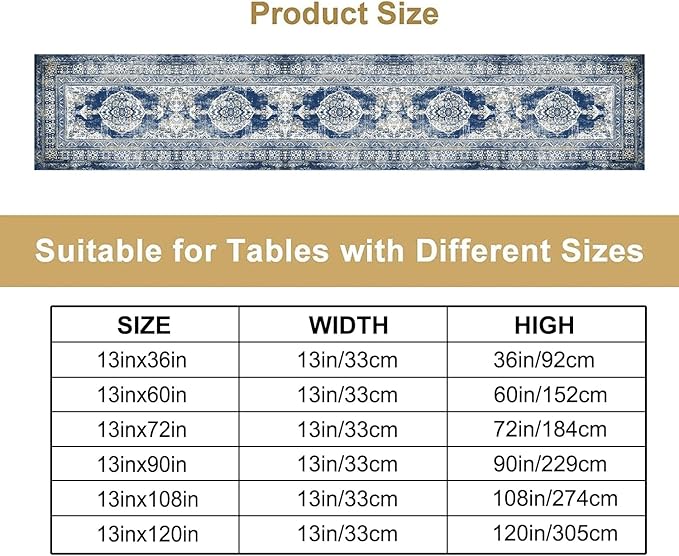 Vintage Boho Floral Table Runner, Rustic Country Farmhouse Blue Teal Retro Flower Pattern for Home Kitchen Table Decor Dining Coffee Room Party Decor 13x60in