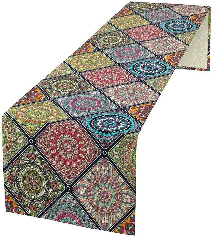 Boho Bohemian Table Runner, Vintage Indian Floral Print Table Cover for Farmhouse Kitchen Dining Table Decor Holiday Party, 13x90inch