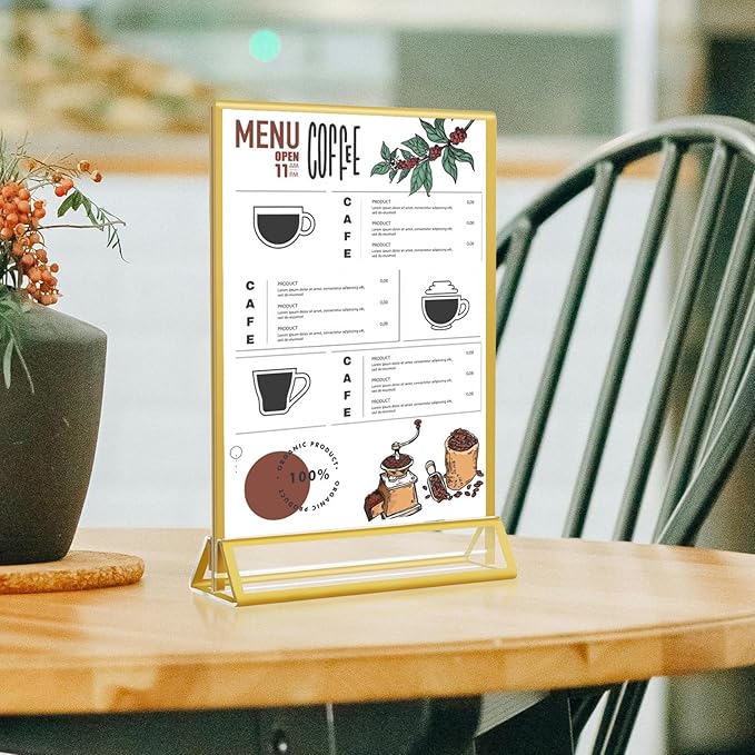 Acrylic Gold Sign Holders 5x7, 12 Pack Wedding Gold Table Number Holders, Double Sided Photo Display Picture Frame Paper Stand, Clear Flyer Stand Menu Holder for Wedding, Home, Party, Restaurant
