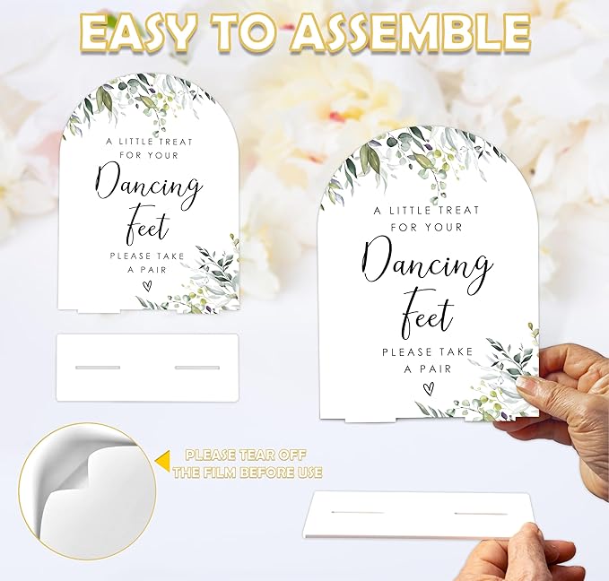 Greenery Dancing Feet Sign, 6 x 8 Inch White Arch Acrylic Wedding Sign with Holder, Wedding Sign for Ceremony and Reception, Wedding Decoration, Wedding Supplies - LY24
