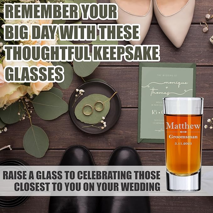 Custom Engraved Shot Glass – 2oz Tall Clear Glass – Personalized Gift for Wedding Party – Classic Etched Barware Keepsake for Groomsmen, Bridesmaids, and More (8)