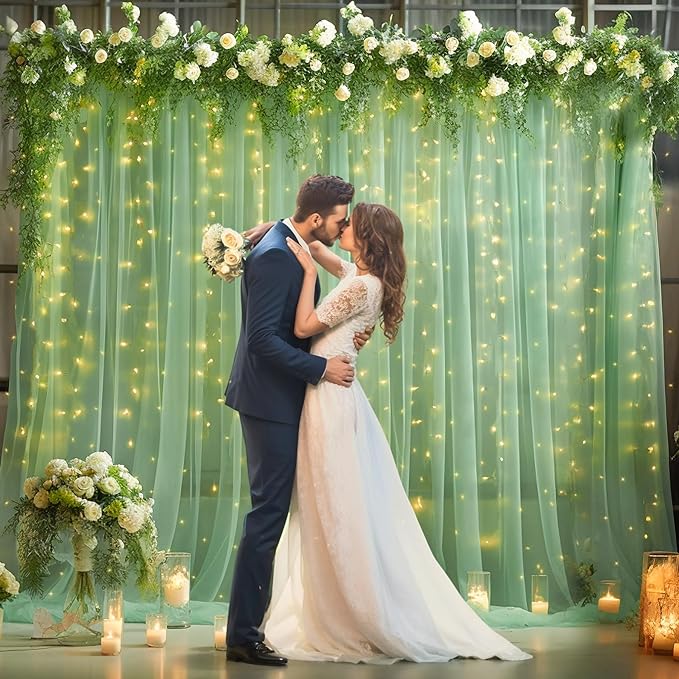 10×10ft Green Tulle Backdrop Curtain with Lights String for Parties, Sheer Photo Curtain Backdrop Drapes for Wedding Party Photography Backgrounds