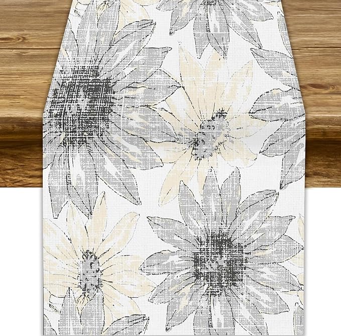 Chrysanthemum Vintage Floral Table Runner, Elegant Grunge Green Sunflower Spring Summer Elegant Pattern Artichokes Flower Table Runner for Party Kitchen Dining Living Room Decor, 13x36 Inch