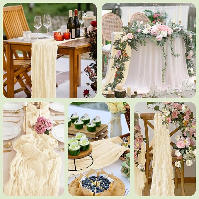 Asee'm 6pcs Cheesecloth Table Runner 120 Inches Long Beige Boho Gauze Cheese Cloth Runner 10FT Rustic Sheer Table Runners for Christmas Wedding Party Baby Shower Spring Easter Decoration