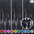 Foil Fringe Curtains Halloween Decor Indoor Party Decorations - Melsan 3 Pack 3.2 x 8.2 ft Black Tinsel Curtain Photo Backdrop for Birthday Decorations Retirement Party Decorations Black