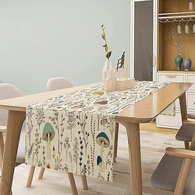 Mushroom Table Runner,Colorful Wild Plants and Fungus Botanical Plants Pattern Print Burlap for Hotel Indoors Outdoor Dining Room Kitchen Holiday Party, 13x80in