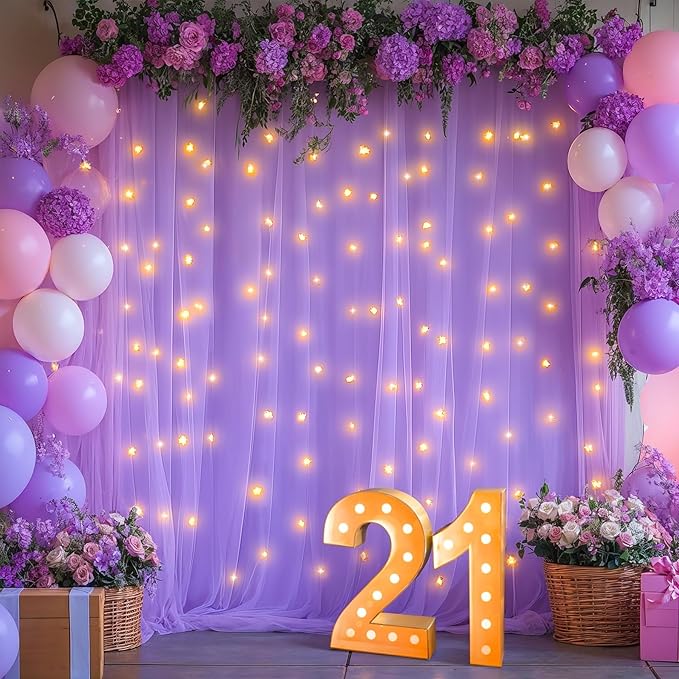 20x8ft Lavender Tulle Backdrop Curtains with Lights for Party Wedding Baby Shower, Sheer Drape Backdrop Curtains for Birthday Party Photo Booth Background Decoration
