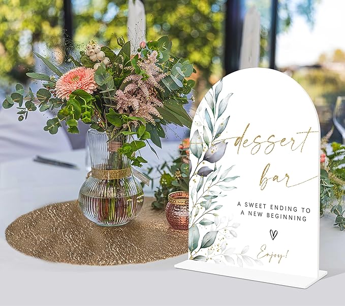 Acrylic Wedding Signs, Greenery Theme Dessert Bar Sign, Wedding Reception Signage, Bridal Shower Table Decor with Stand, Dessert Bar Supplies for Engagement, Anniversary, Newlywed Event and Party, 06