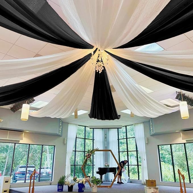 MODFUNS Black Ceiling Drapes Wedding Arch Draping Fabric 5x20ft 6 Panels Chiffon Sheer Ceiling Curtain Elegant Ceiling Draping Fabric for Wedding Ceremony Party Ceiling Decoration