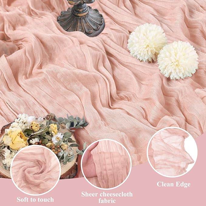 Asee'm 3pcs Cheesecloth Table Runner 120 Inches Dusty Pink Boho Gauze Cheese Cloth Runner 10FT Rustic Sheer Fall Table Runners for Thanksgiving Wedding Baby Shower Holiday Party Decoration