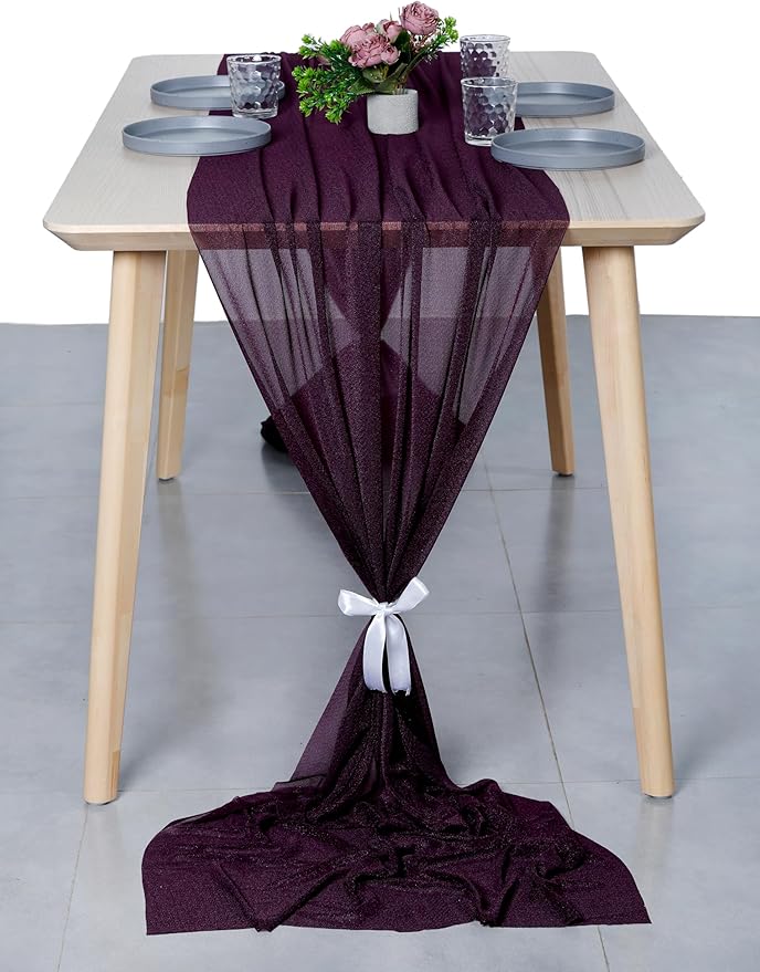 MDS 2 Pack 14ft Chiffon Table Runner 29 x 170 Inches Sheer Wedding Runner Romantic Rustic Table Runner for Wedding Decorations, Birthday Parties, Bridal Shower Party Arch Decor - Eggplant