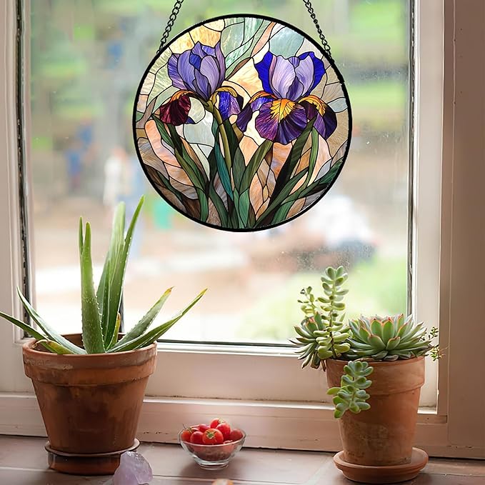 Stained Glass Window Hanging, Purple Blue Iris Birth Flower Suncatcher for Doors Garden Yard Sun Catchers Decor Christmas Mother's Day Birthday Gifts for Teacher Women Mom Nana Wife 9.8 in