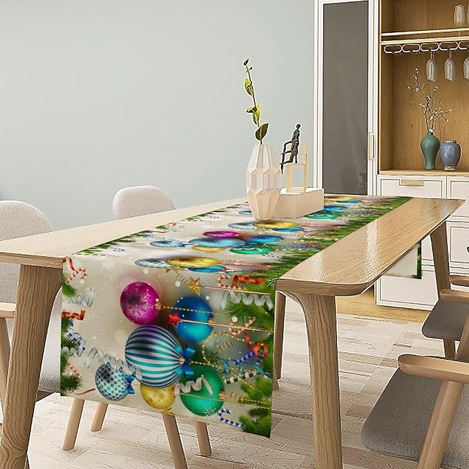 Christmas Table Runner,Colorful Balls Xmas Tree Snowflake Pattern Print Tablecloth Burlap for Hotel Indoors Outdoor Dining Room Kitchen Home Decor,W13X L60 in