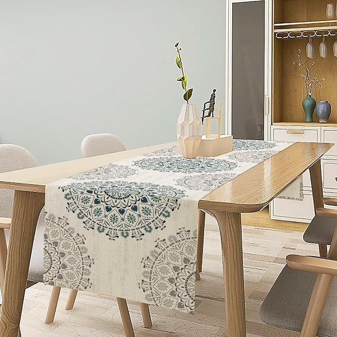 Boho Flower Table Runner, Bohemian Turquoise Mandala White Teal Floral Kitchen Dining Table Runners for Indoor Outdoor Home Party Holiday Decor, 13x90inch